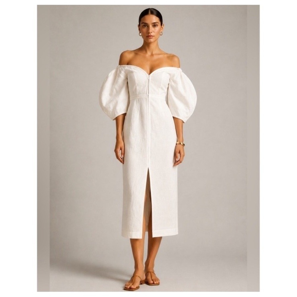 NWT Mara Hoffman Leonora Off-Shoulder Textured Midi Dress Ivory Sz 0
